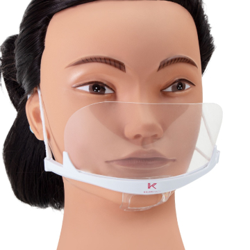 Transparent Killer Beauty face mask worn on mannequin head showing full mouth coverage