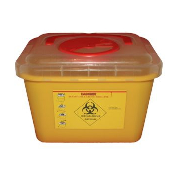Yellow Tattoo Sharps Bin 5L capacity with red lid and biohazard warning label