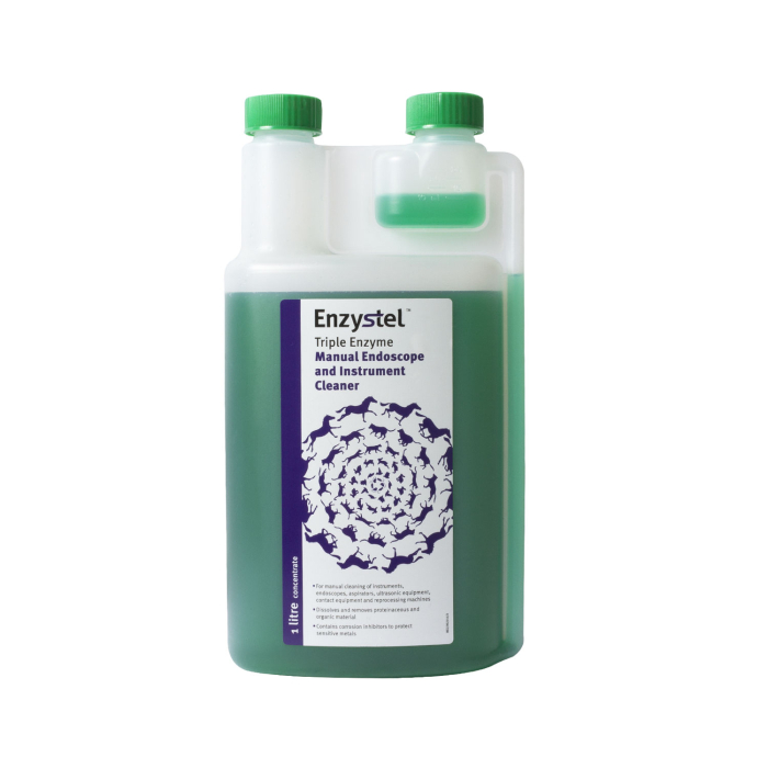 Enzystel Triple Enzymatic Instrument Cleaner 1 litre bottle with green liquid and dual cap dispenser