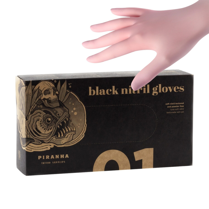 Box of 100 Piranha Pink Nitrile Gloves with hand demonstration and packaging.