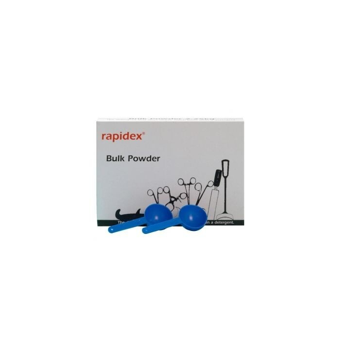 Rapidex 2kg Bulk Powder carton with blue measuring scoops and black outlined tools illustration.