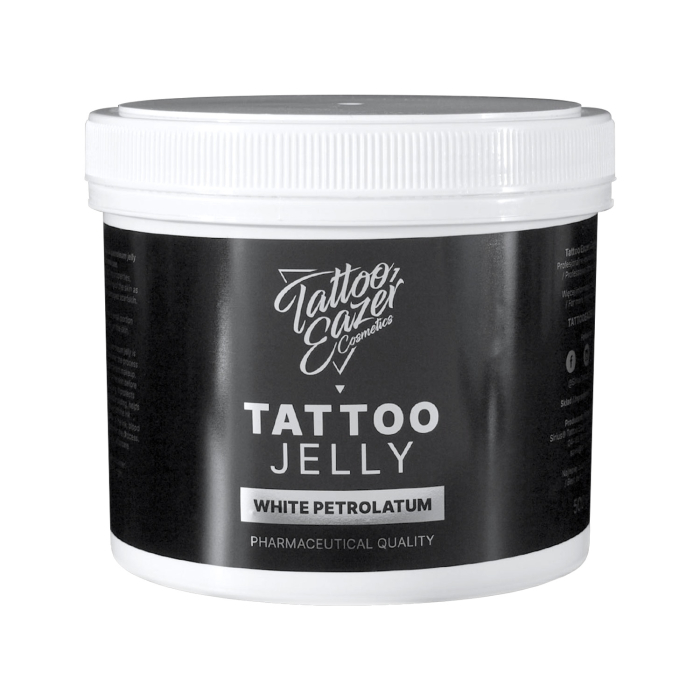 Un récipient en plastique blanc avec couvercle à vis blanc et une étiquette noire indiquant « Gel de tatouage Tattoo Eazer ».