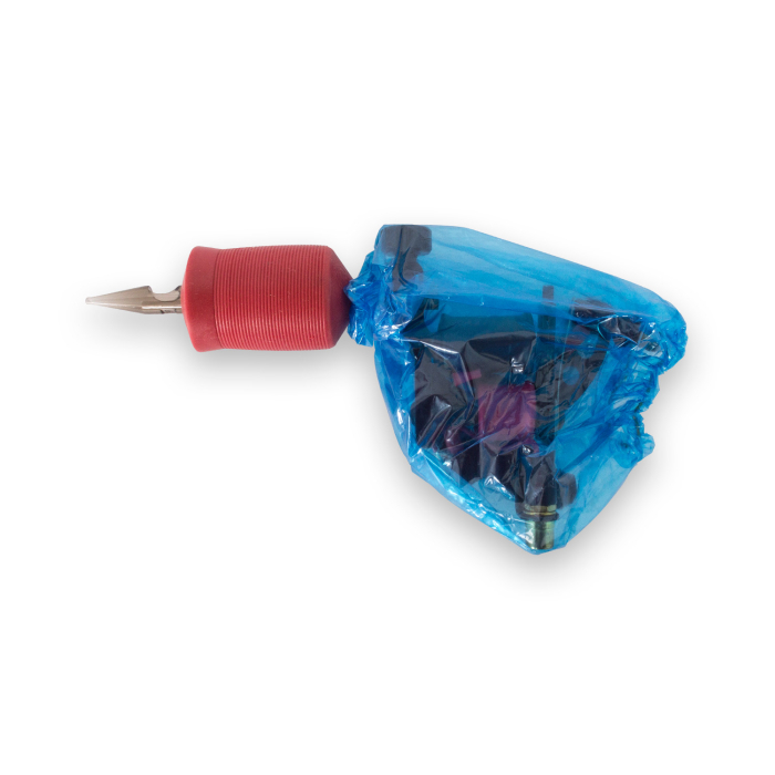 Tattoo machine covered with blue Killer Ink protective bag isolated on white background