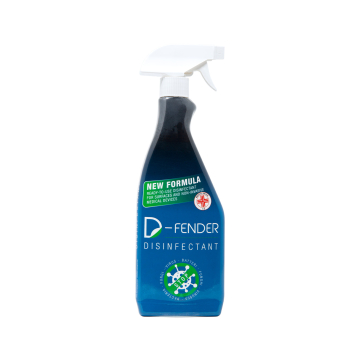 Un flacon pulvérisateur de 750 ml de Dermalize D-Fender Disinfectant, avec embout blanc et étiquette bleue portant la mention « New Formula », conçu pour éliminer des virus et des bactéries.
