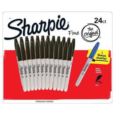 Box of 24 Sharpie Fine Point Black Markers Plus 1 Blue Marker