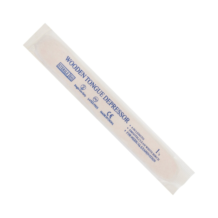 Une boîte de 100 abaisse-langues en bois stériles Killer Beauty, chacun scellé individuellement dans un emballage en plastique transparent et en papier étiqueté avec des informations sur le produit et les détails d'utilisation.