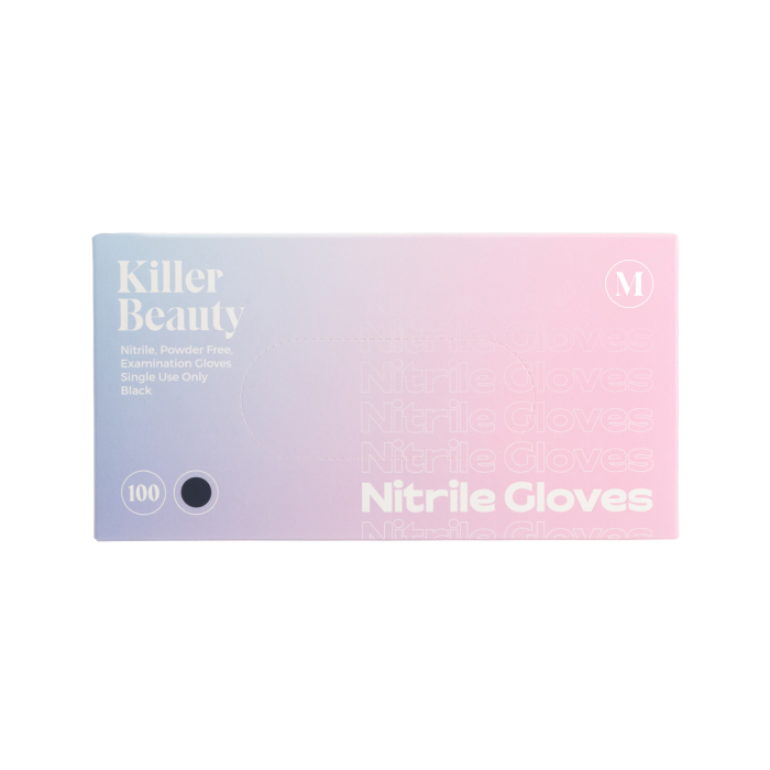 Une boîte en dégradé pastel étiquetée « Boîte de 100 gants Killer Beauty Nitrile noirs - Boîte de 10 » contient 100 gants d’examen en nitrile noirs, taille moyenne, non poudrés et à usage unique.