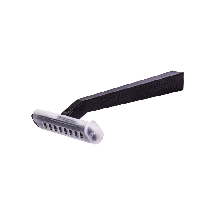 Black disposable razor with protective cover on blade isolated on white background