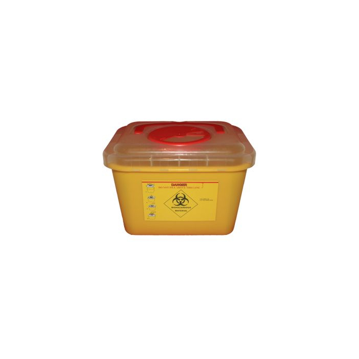 Yellow Tattoo Sharps Bin 5L capacity with red lid and biohazard warning label